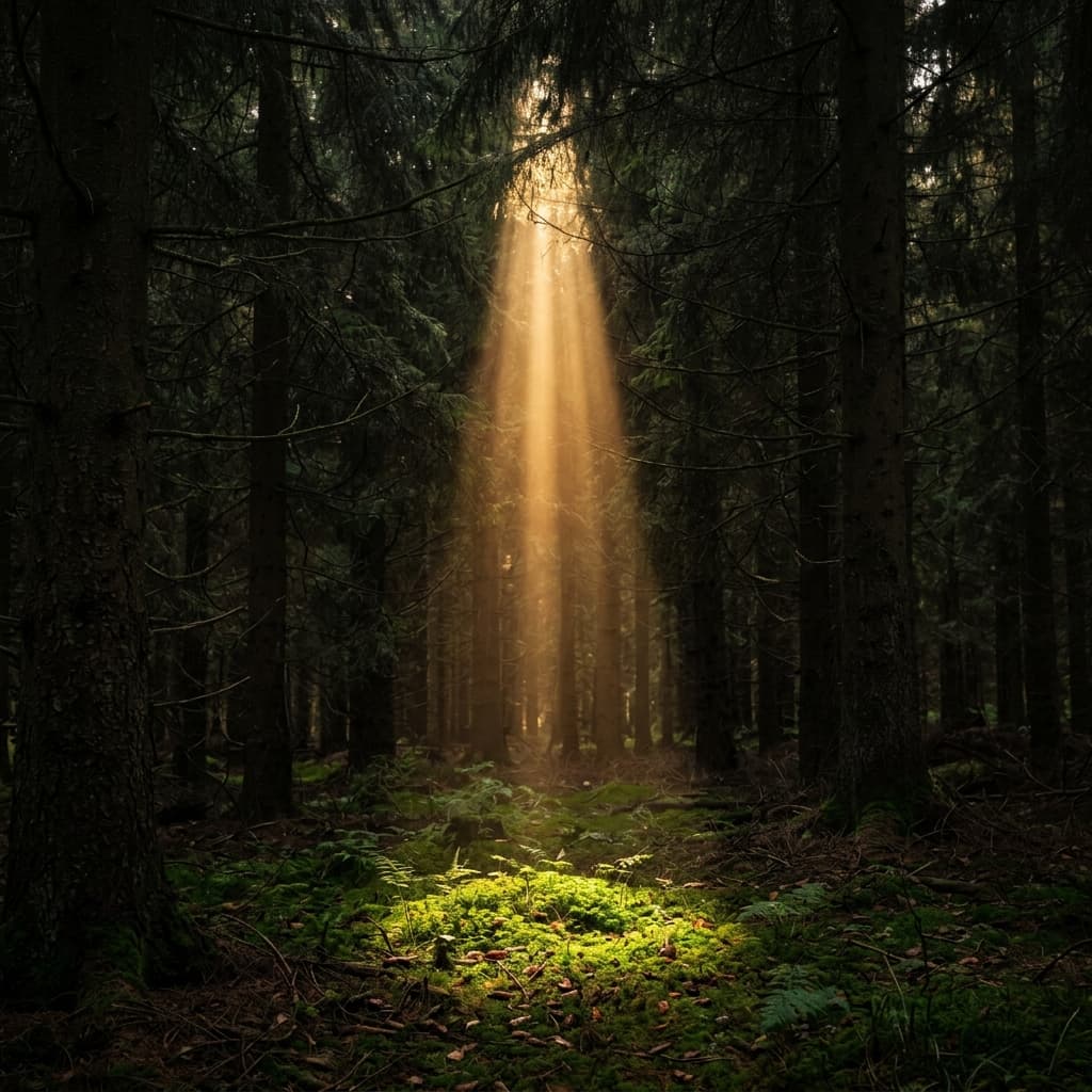 Digital illustration of a hidden winding river illuminated by a single warm golden beam of light