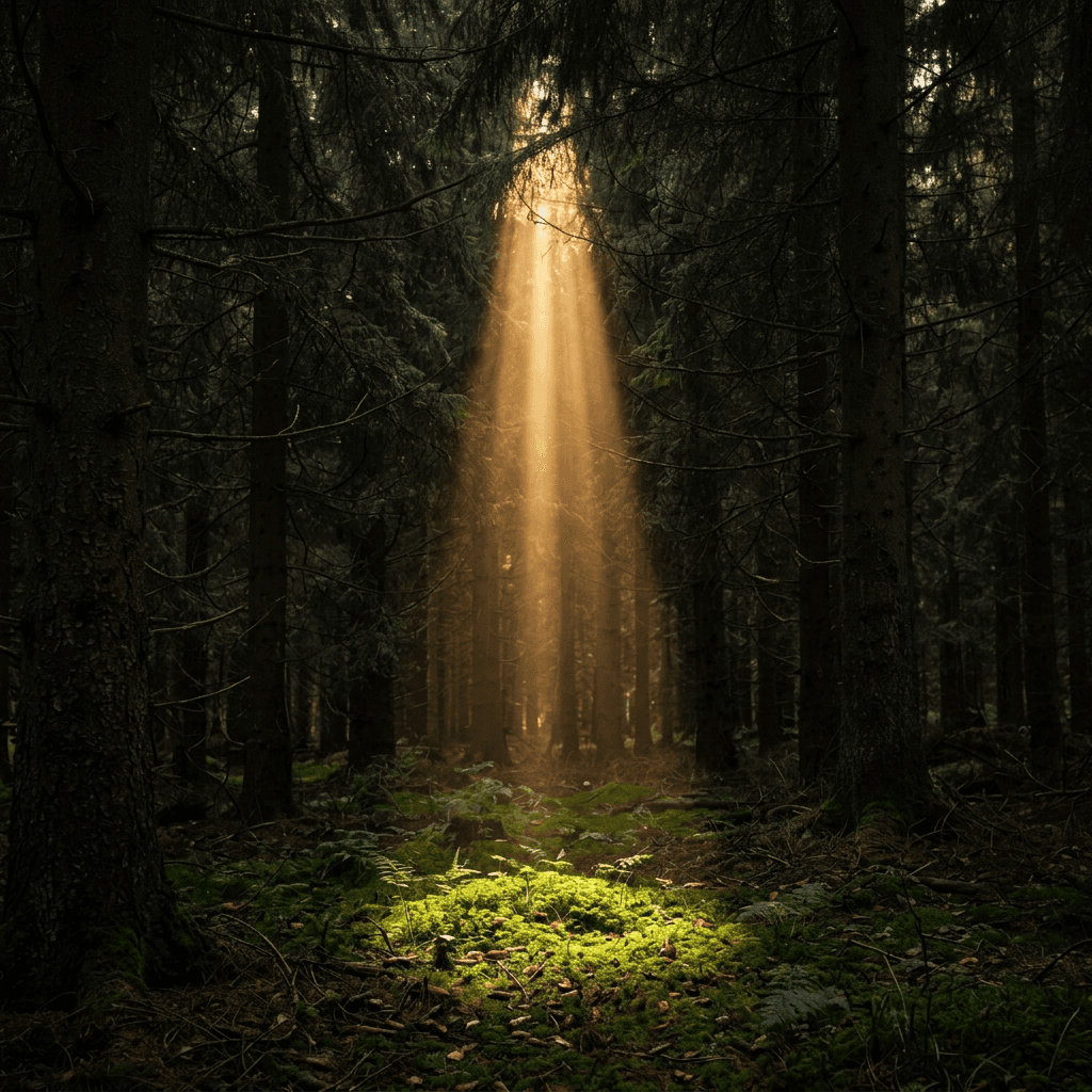 Digital illustration of a hidden winding river illuminated by a single warm golden beam of light